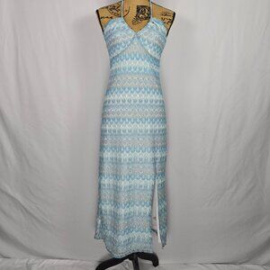 Wild‎ Fable Maxi Halter Dress M Blue Geometric Open Back Tie Slit Y2K Boho Chic